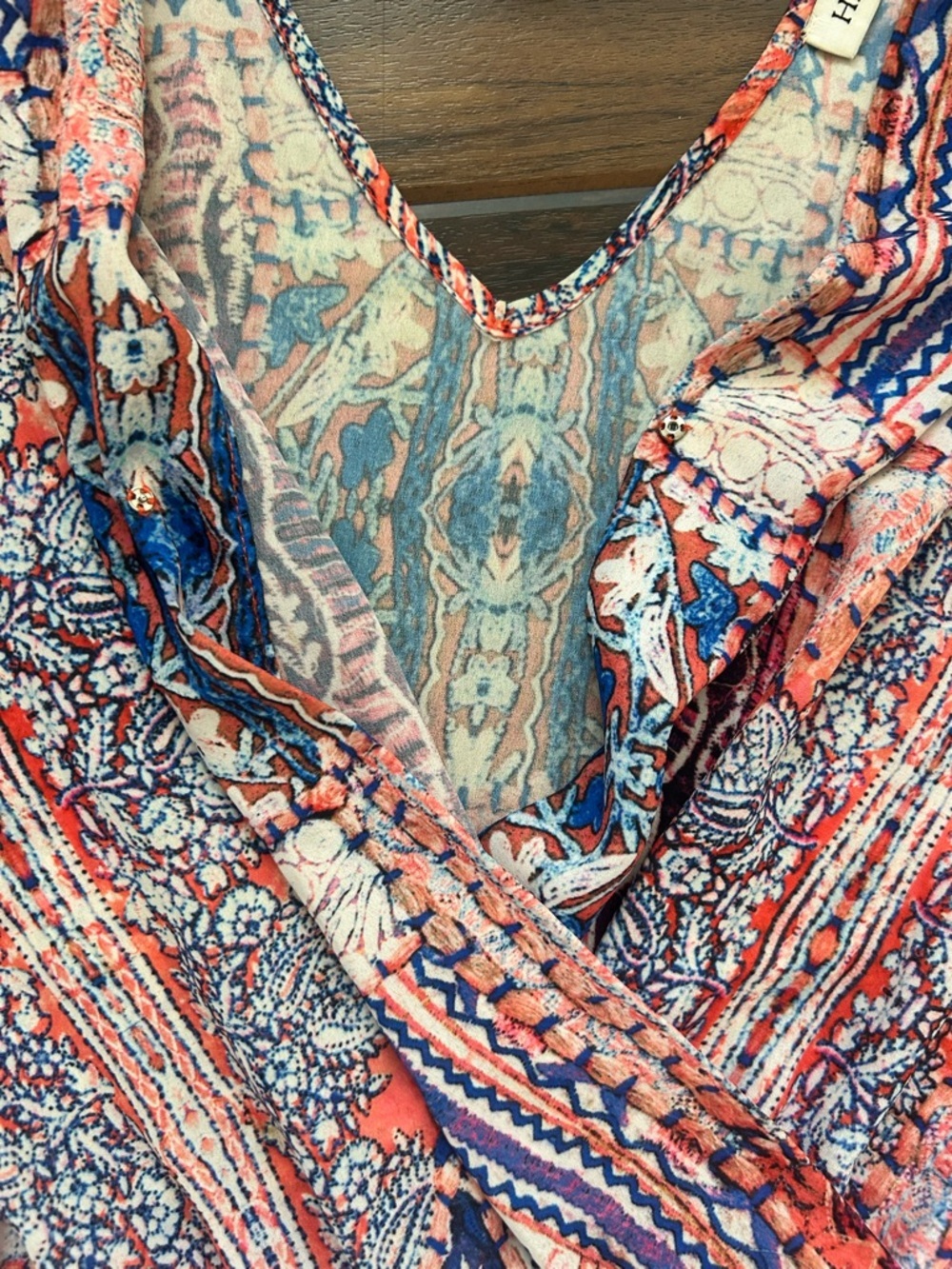 Heartloom Coral & Blue Printed Sleeveless V-Neck Romper with Back Tie - Picture 13 of 16
